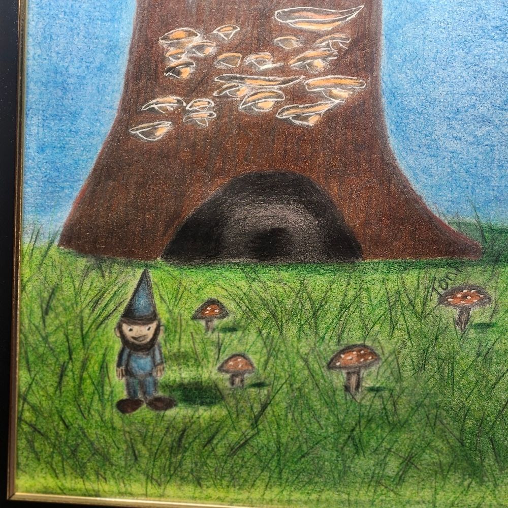 Hand Crafted Gnome Tree House Colored Pencil Drawing Framed 9x11"